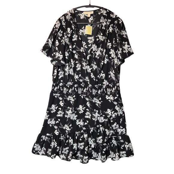 Michael Kors Floral Flutter Sleeve Mini Wrap Dress Black White Plus Size NWT - Picture 3 of 14